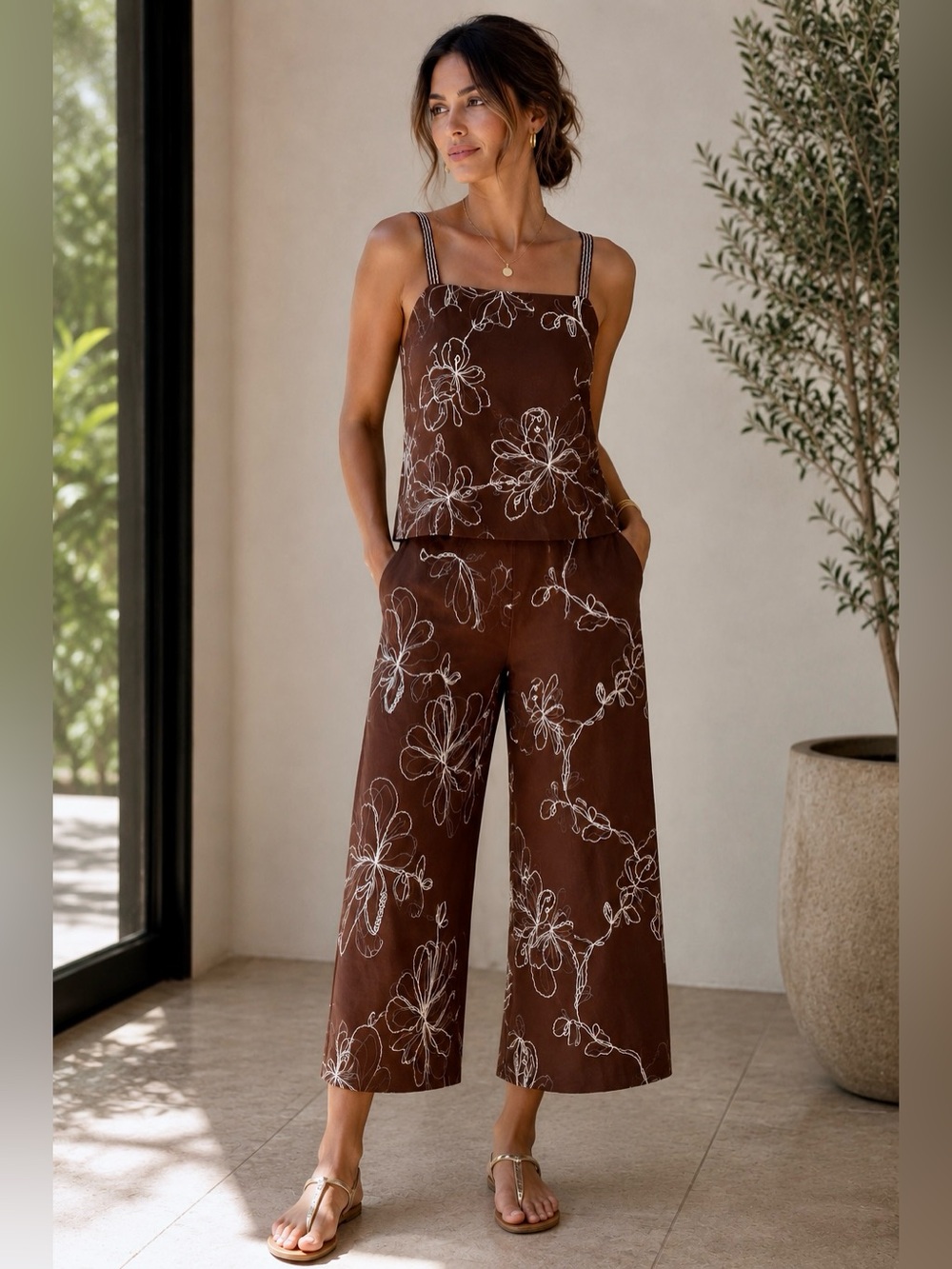 Magaschoni Linen-Blend Floral Embroidered Two-Piece Set – Size Medium – NWT